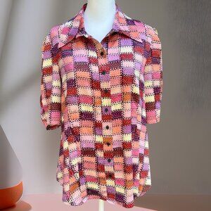 Sunny Leigh Patchwork Print Blouse Puff Sleeve Button-Up Retro Boho Top (Sz L)